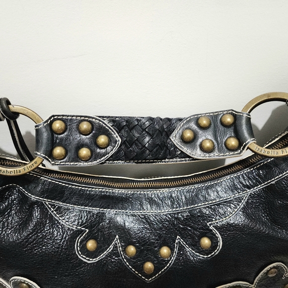 Isabella Fiore Black Leather Studded Braided Hobo Shoulder Bag Boho Western Chic - Picture 8 of 15
